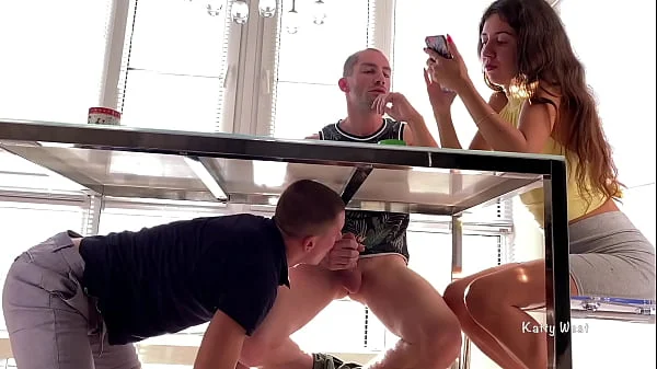 Sucked his friend's dick under the table until his wife sees