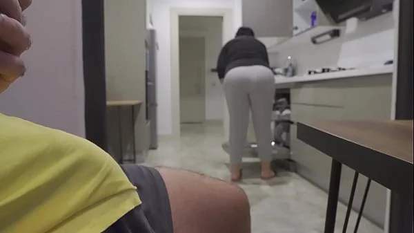 Stepmom caught me jerking off while watching her big ass in the Kitchen.