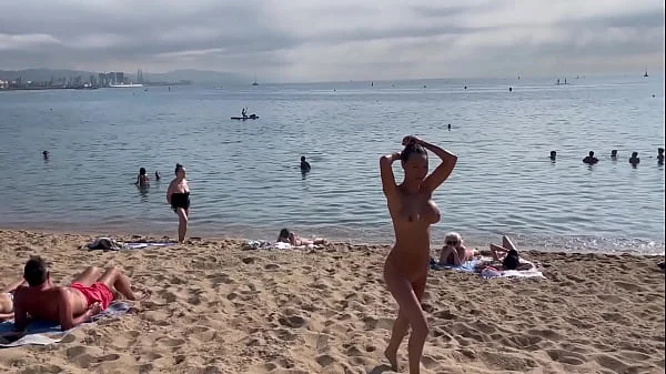 Naked Monika Fox Swims In The Sea And Walks Along The Beach On A Public Beach In Barcelona