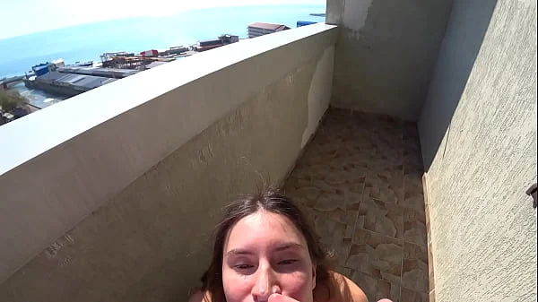 Risky public POV blowjob and fuck with russian beauty in sexy red dress and heels on the balcony with cum in mouth. GoldTeachers