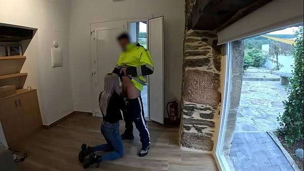 The delivery man comes home and I give him a surprise blowjob