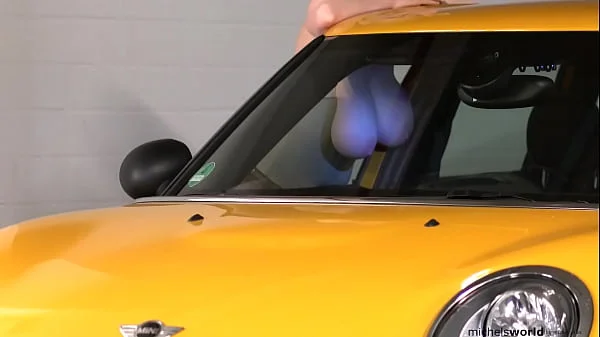 submissive woman with big natural breasts exposed in public