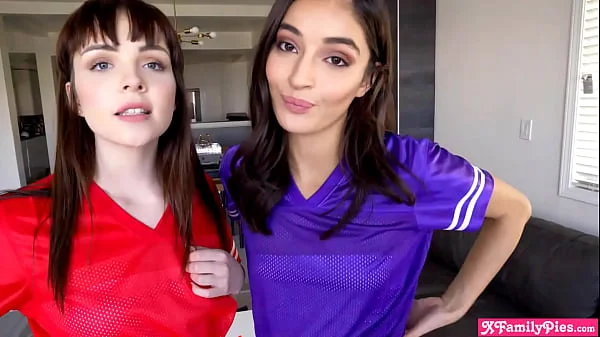 Watching the game with two petite horny teen sluts