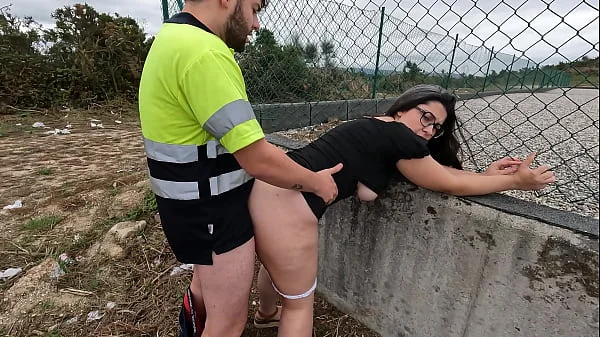 Construction worker fucks curious girl and cums inside.