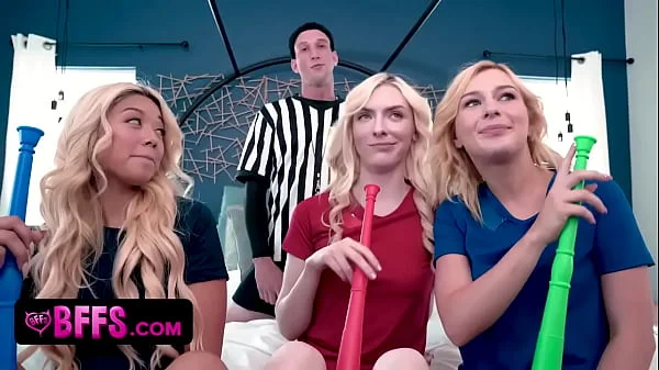 Pretty Girls In Soccer Outfits Pay Their Debt To Neighbour On Their Knees With Mouths Wide Open