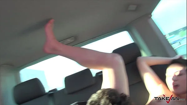 Horny brunette stopped car to have fun, sex and cum on tits