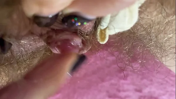 Extreme Closeup Big clit Rubbing orgasm wet hairy pussy